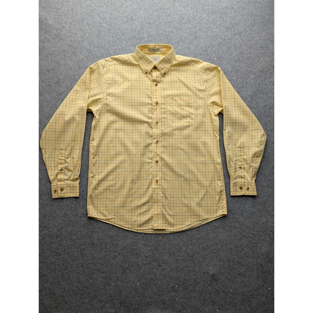 LL Bean Mens M Yellow Tattersall Plaid Wrinkle Free Button Down Shirt 269337